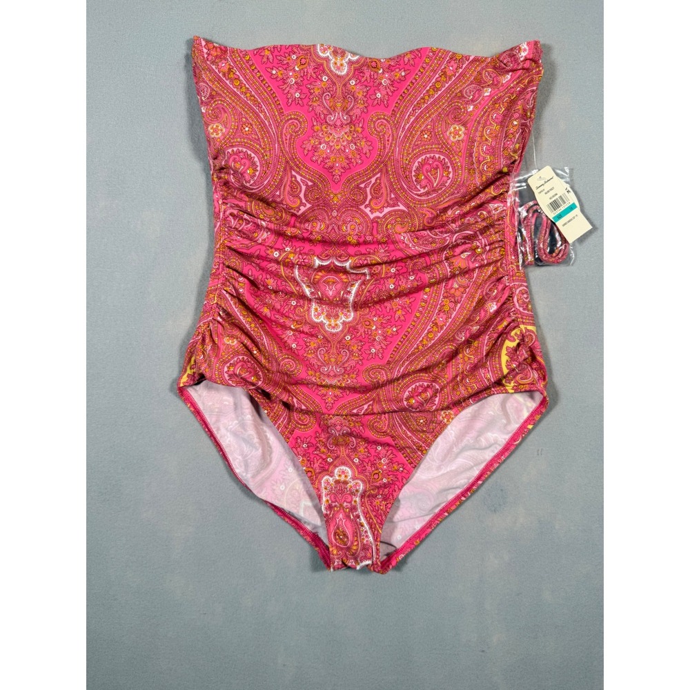 Tommy Bahama Malindi Paisley Shirred Bandeau One Piece Swimsuit Pink Begonia 16